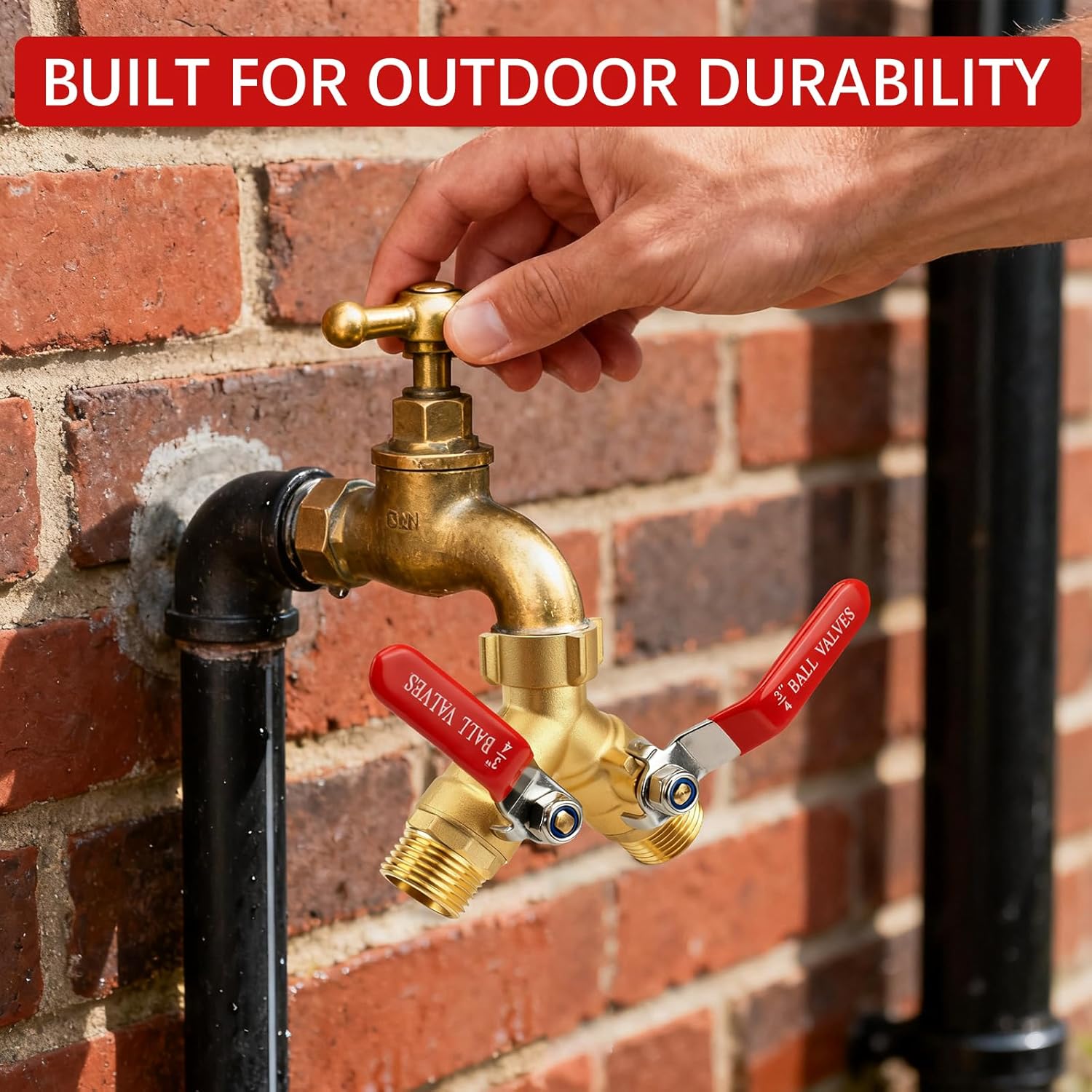 Hose Splitter 2 Way Heavy Duty - Brass Garden Hose Splitter 304 Stainless Steel Long Handles,Y Valve 3/4 Inch GHT Thread Outdoor Faucet Splitter-Full Flow Shutoff Valves 2 Washers&Teflon Tape