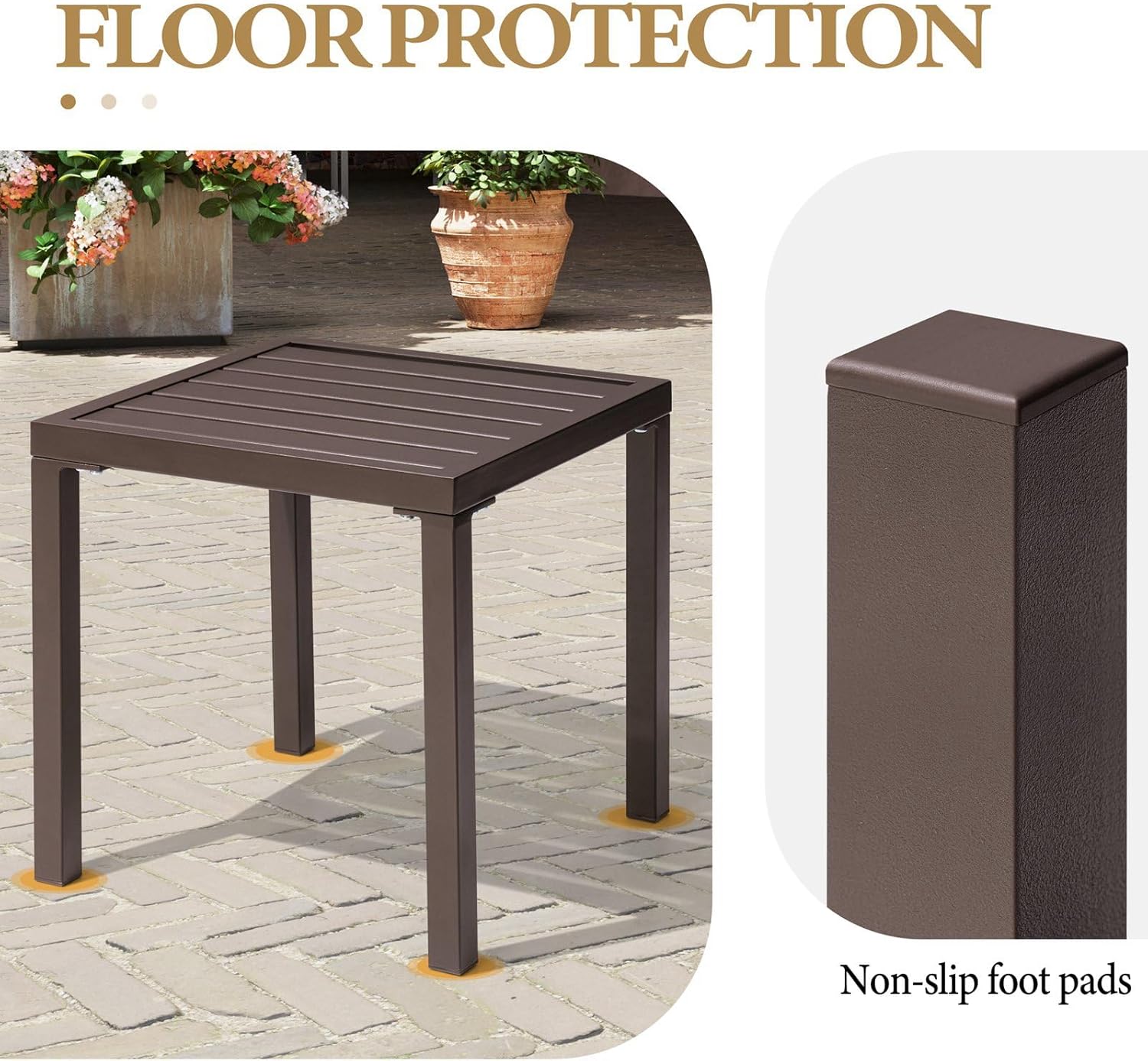 Crestlive Products Outdoor Side Table Set of 2, Small Square Metal End Table Weather Resistant Pool Side Tables for Patio Balcony(Brown)