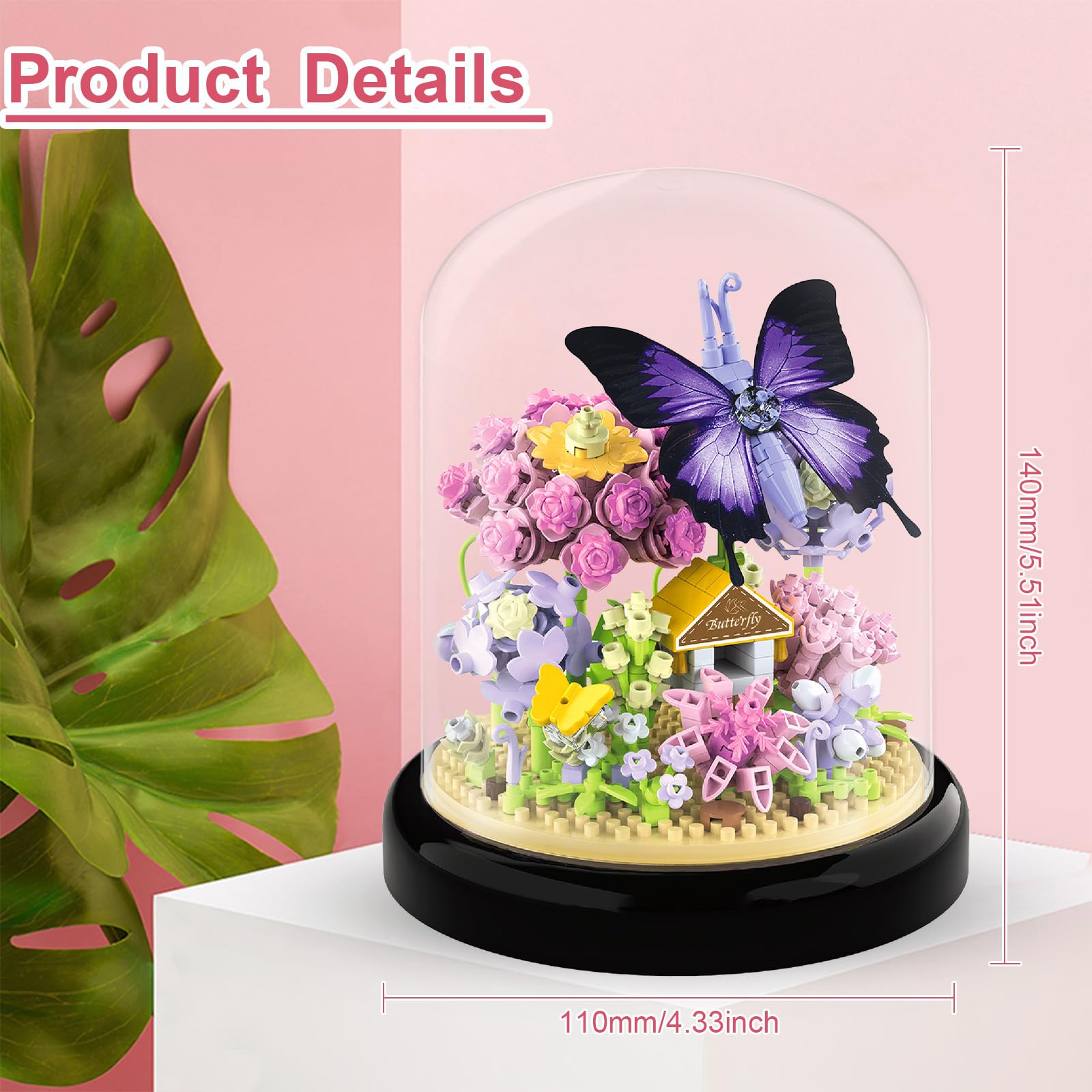 testlili Botanical Flower & Animal Bouquet Building Kit for Adults - 582-Piece Mini Block Set, Butterfly, 10 cm x 10 cm x 12 cm - Image 3