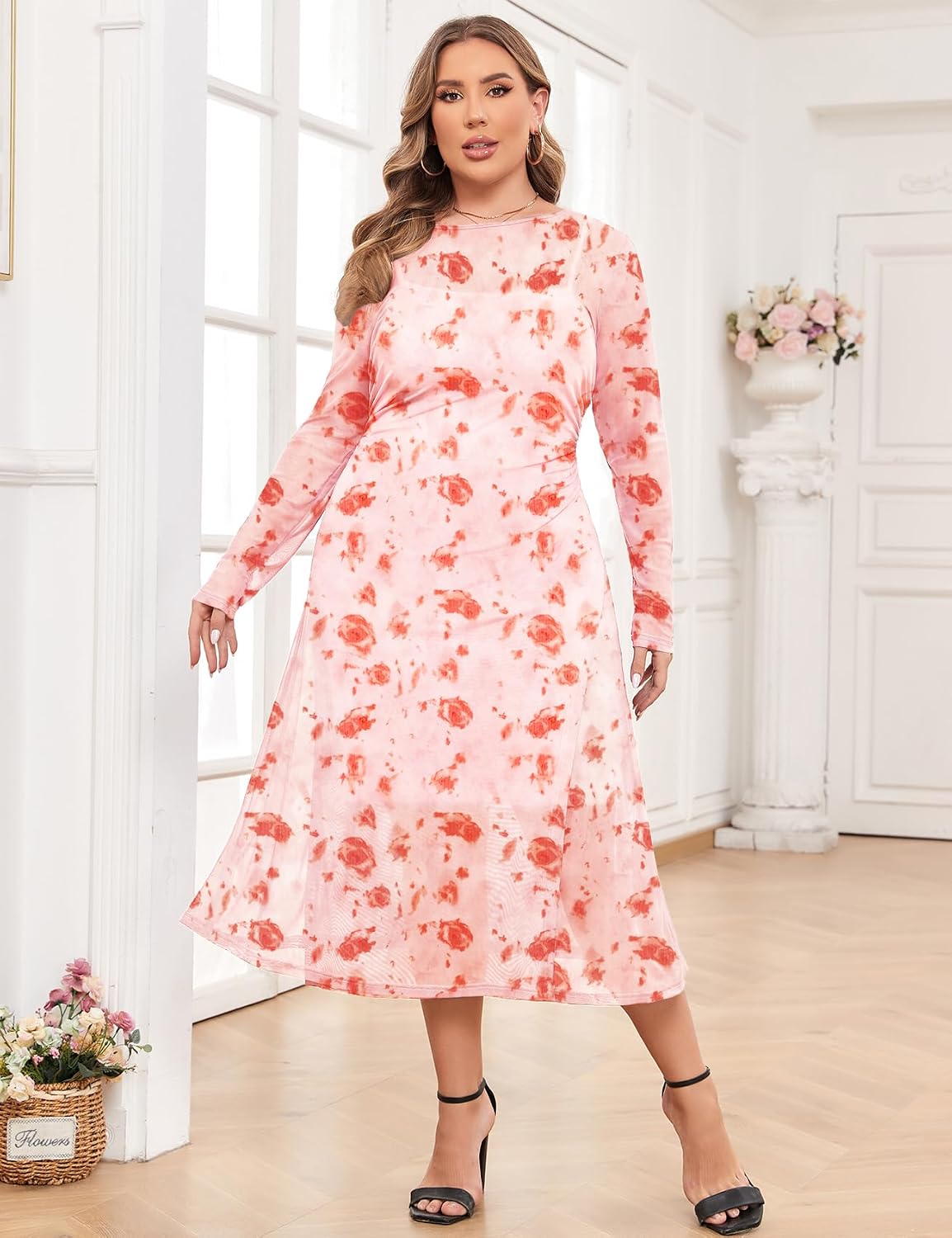 ZOMVA Spring Plus Size Floral Print Mesh Dress for Curvy Women Long Sleeve Dresses for Wedding Guest