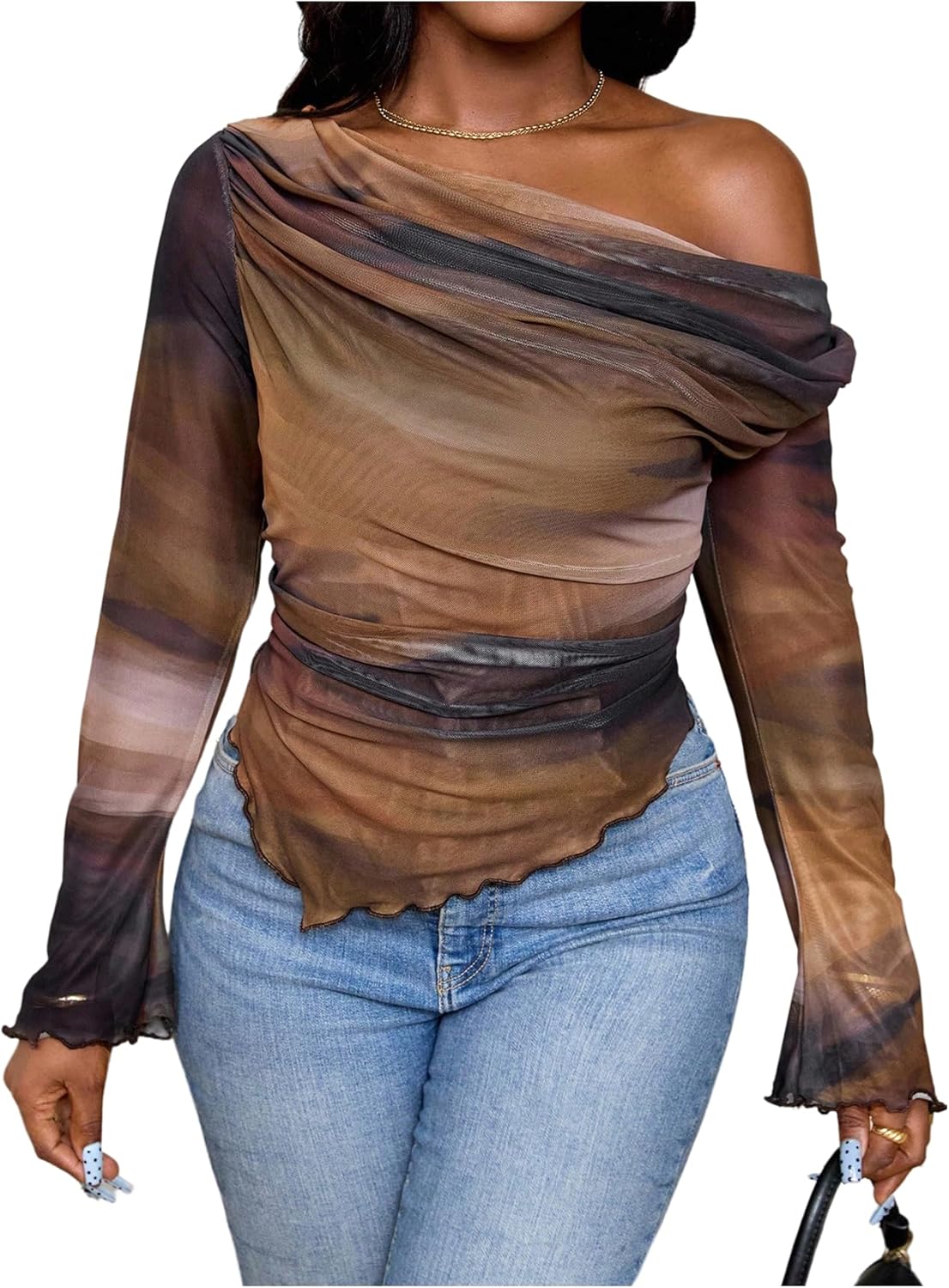 SOLY HUX Women's Plus Size Tie Dye T Shirt Off The Shoulder Long Sleeve Ruched Tee Asymmetrical Hem Going Out Tops