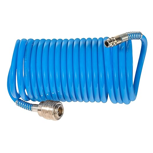 Güde 41400 SB compressed air spiral hose 5 M (with quick coupling and plug nipple, kink protection, hose material made of PU plastic), blue