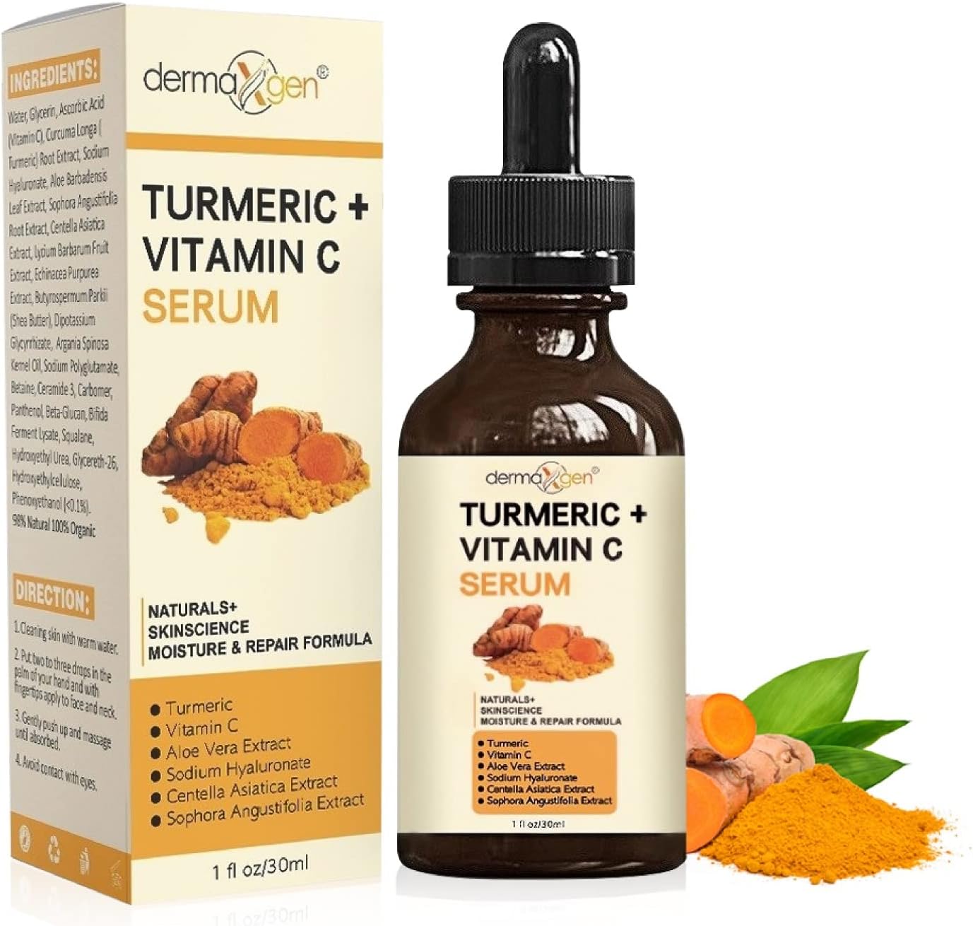 Turmeric Face Serum + Vitamin C: Organic Moisturizer for Acne Reduction, Clear Skin Tone, & Anti-Aging Benefits - Hydrate Dull & Dry Skin - Facial Serum - 1 FL OZ
