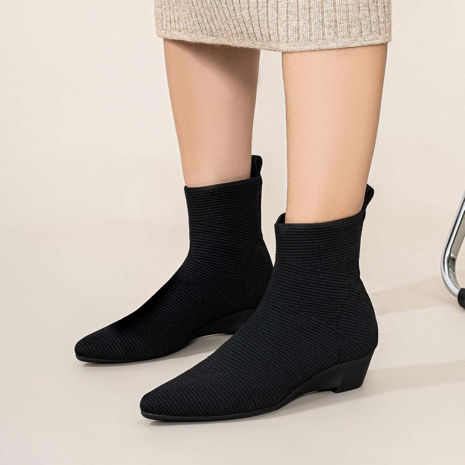 Women's Ankle Boots Comfortable Pointed Toe Breathable Sock Knit Low Heel Fall Work Office Booties - Image 8