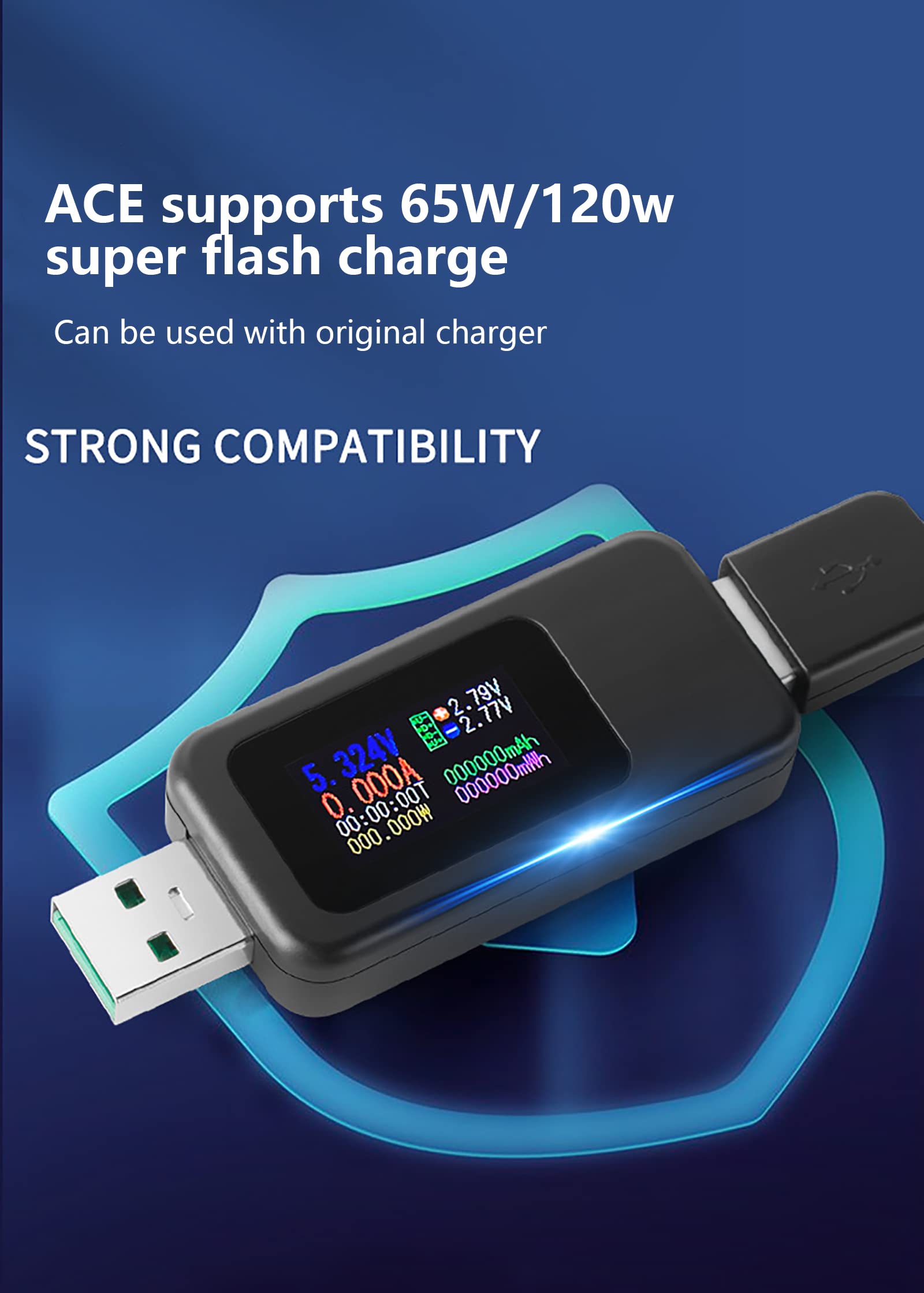 WANGCL Cyfrowy tester USB z kolorowym wyświetlaczem Tester napięcia USB, miernik prądu, tester mocy USB, tester pojemności baterii, obsługa szybkiego ładowania 65 W/120 W, czarny