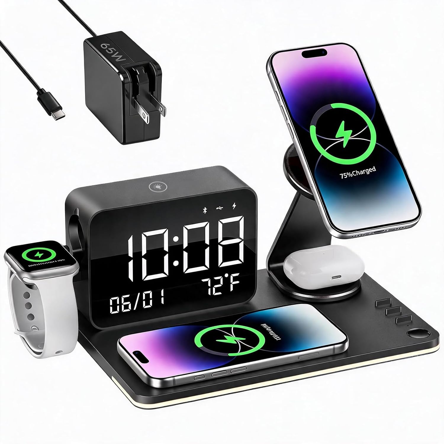 7-in-1 Wireless Charging Station with Clock & LED Lamp