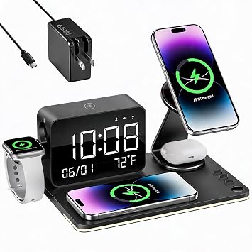 7-in-1 Wireless Charging Station with Clock & LED Lamp