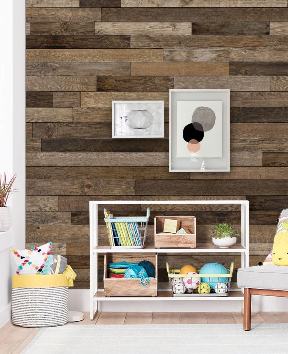 Simple Shapes Reclaimed Wood Mural Wall Art Wallpaper - Peel and Stick (5 Sheet Pack - 2ft x 9ft)
