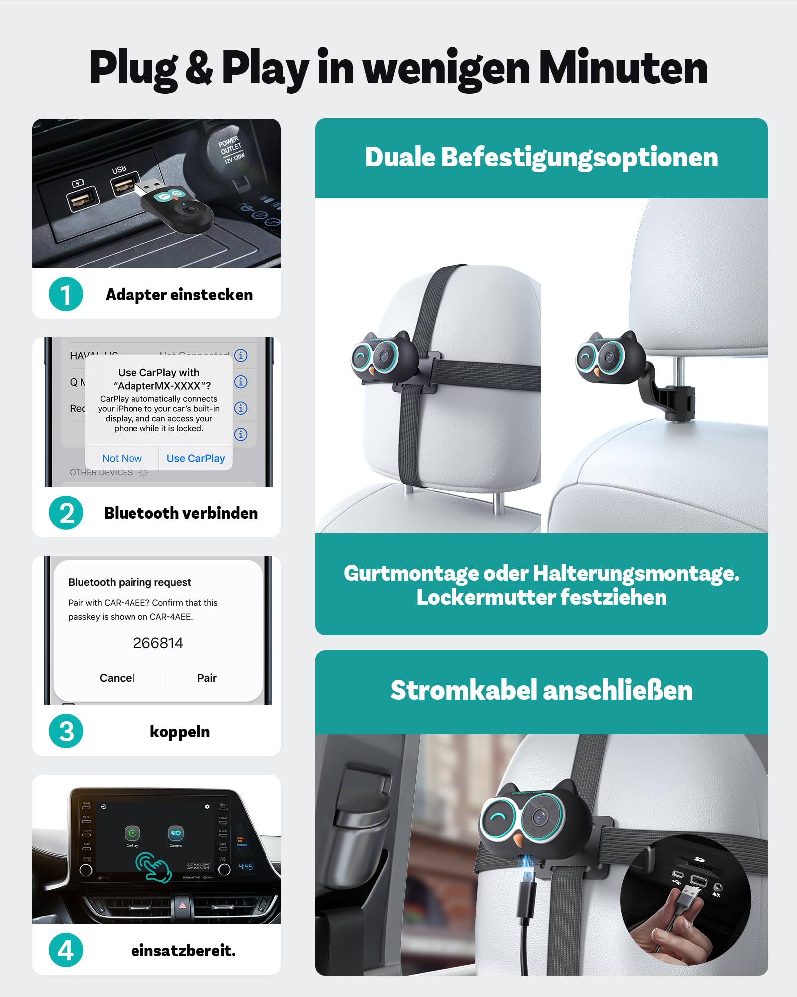 OTTOCAST 2-in-1 Baby Auto Kamera & Wireless CarPlay Adapter, 1080P HD, Echtzeit-Anzeige auf Originalen CarPlay Bildschirm, USB Plug & Play, Nachtsicht & 150° Weitwinkel, für Eltern & Haustierbesitzer