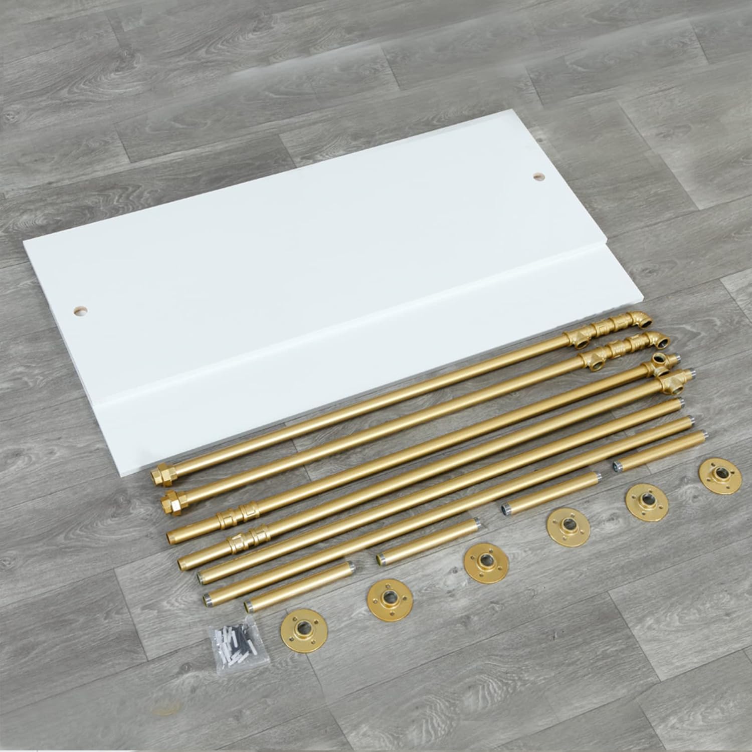 Modern Simple 2 Tier Metal and Wood Garment Rack,Industrial Pipe Double Hanging Rods Clothing Rack,Retail Display Wall Mounted Storage Clothes Hanging Shelf (One Shelves,Gold, 55.2" L)