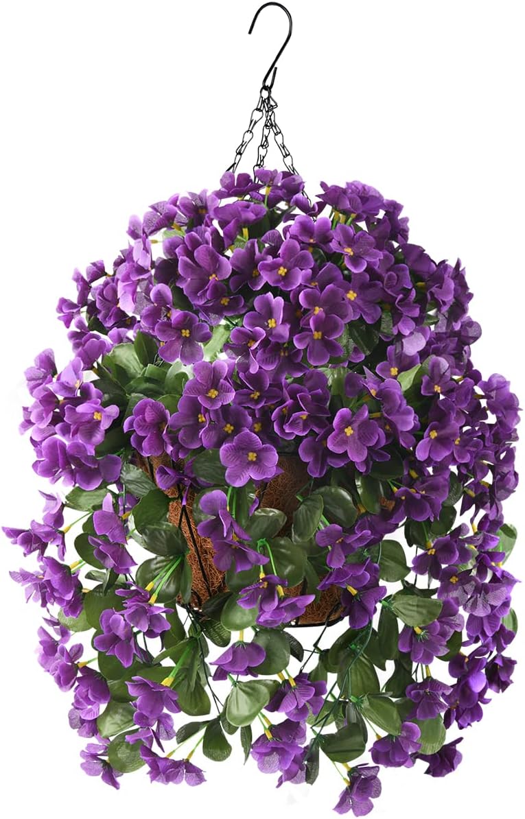 INQCMY Artificial Hanging Flowers Basket for Outdoor Summer Decoration,4pcs Faux Silk Begonia in Planter Look Real UV Resistant for Outside Home Porch Patio Balcony Yard Decor(Purple)