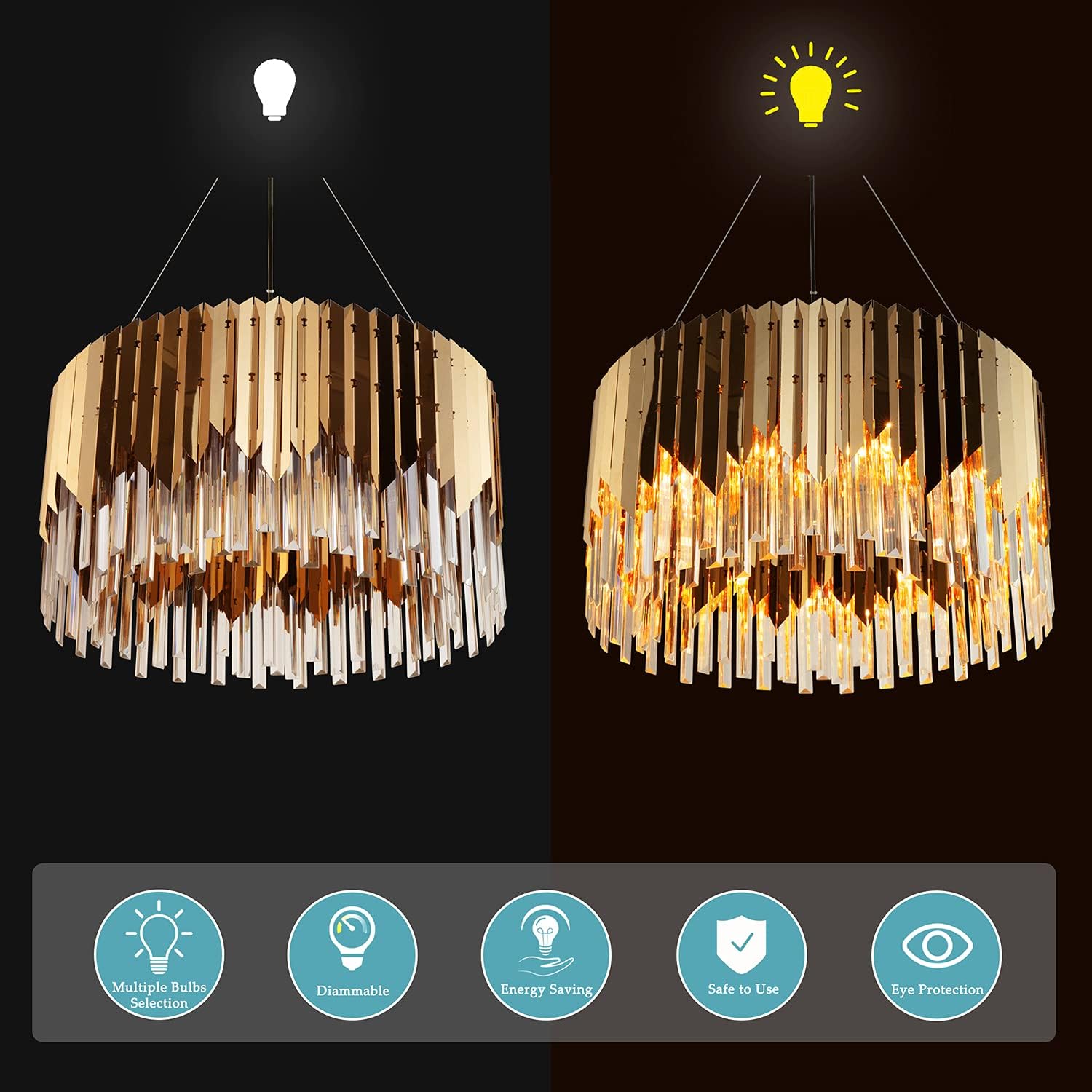 IKK Modern Gold Crystals Chandeliers, 24" Large Stainless Steel Chandelier Light Fixture, Luxury Pendant Lighting, Drum Shape Ceiling Lamp for Dining Living Room Foyer Bedroom, 8 x E12 - - 