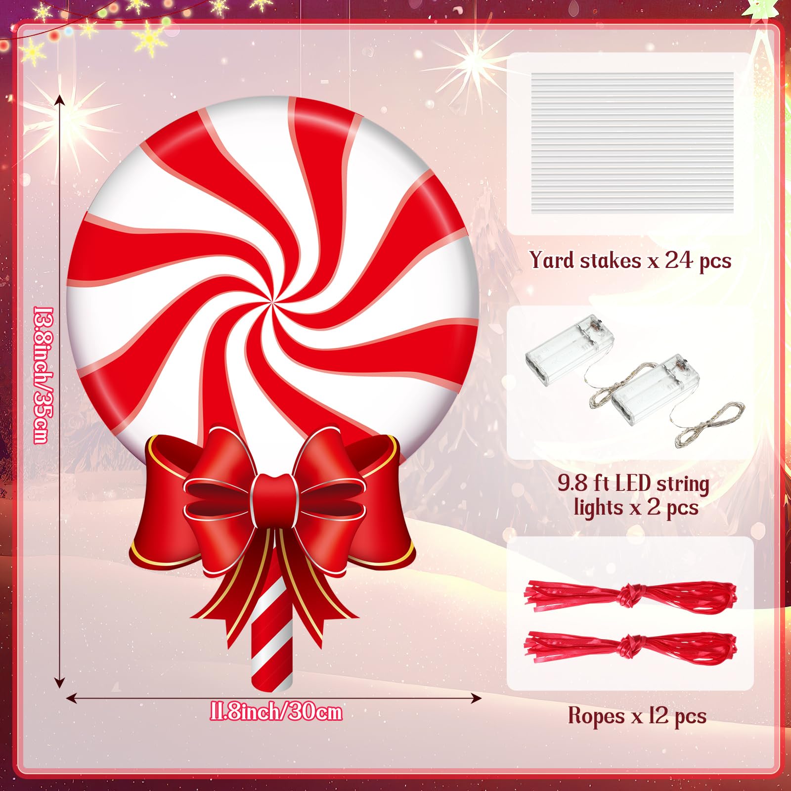 Blosssound Lot de 12 panneaux lumineux de Noël avec piquets et lumières LED - Sucettes de Noël à la menthe poivrée - Décoration d'extérieur pour Noël, vacances, extérieur, pelouse, jardin, allée