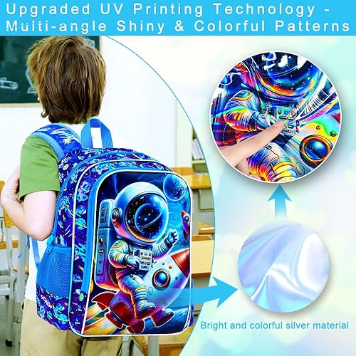 Miniatura 5 de Mochila de 3 piezas para niños, 16 pulgadas con lonchera, mochilas escolares para primaria preescolar jardín de infantes, Azul astronauta, Tamaño