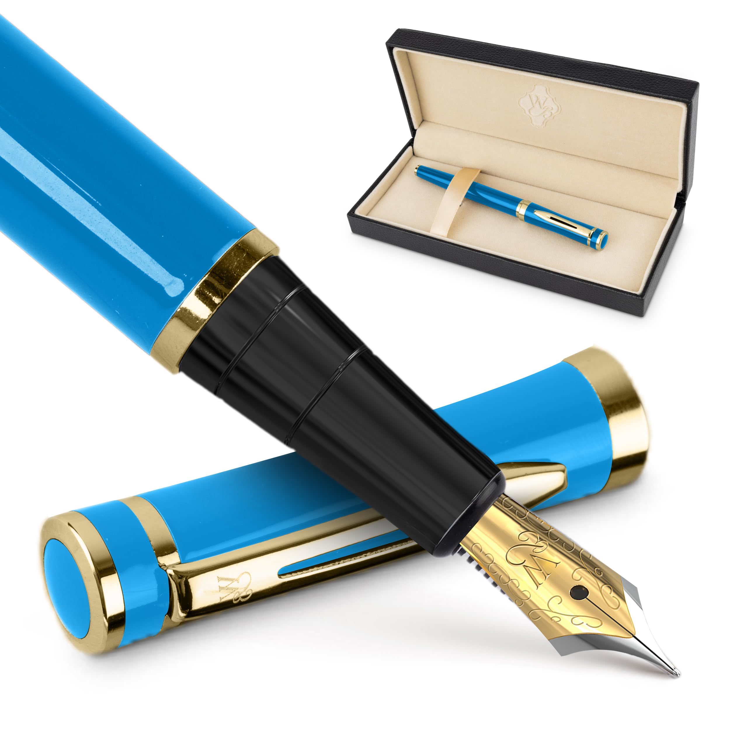 Wordsworth & Black Fountain Pen Set, 18K Gilded Bent Nib, Includes 24 Pack Ink Cartridges, Ink