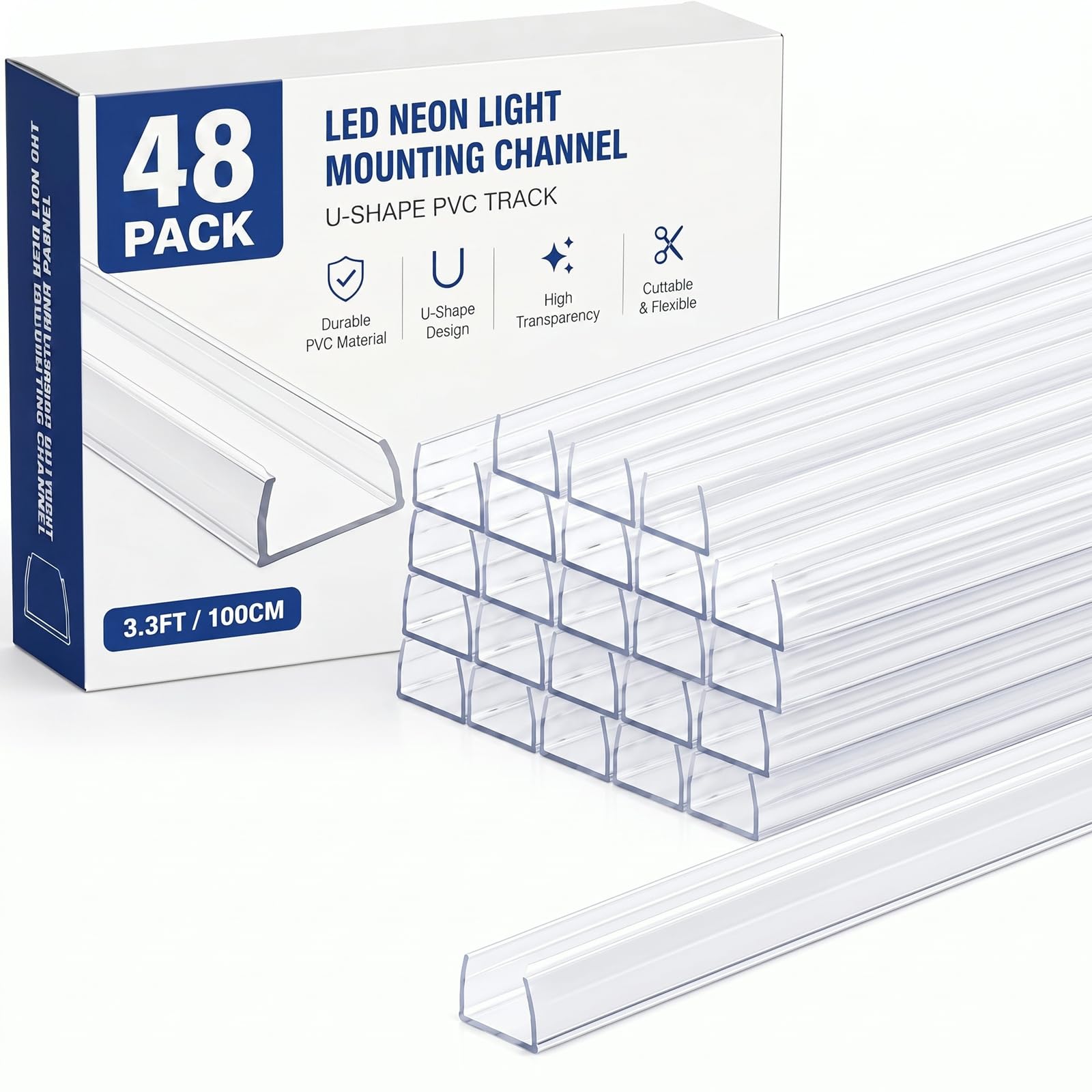 Chunful 48 Pcs 3/8" x 9/16" x 9/16" Rope Light Track Plastic Channel U Clear PVC Light Mounting Track Led Flex Mounting Holder for Wall Outdoor Indoor, 3.3ft Long