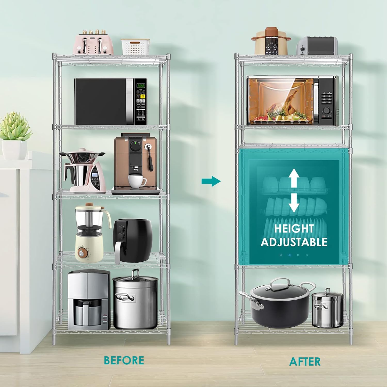 Doredo 5-Tier Wire Shelving Unit showing height adjustability with a microwave and other kitchen items