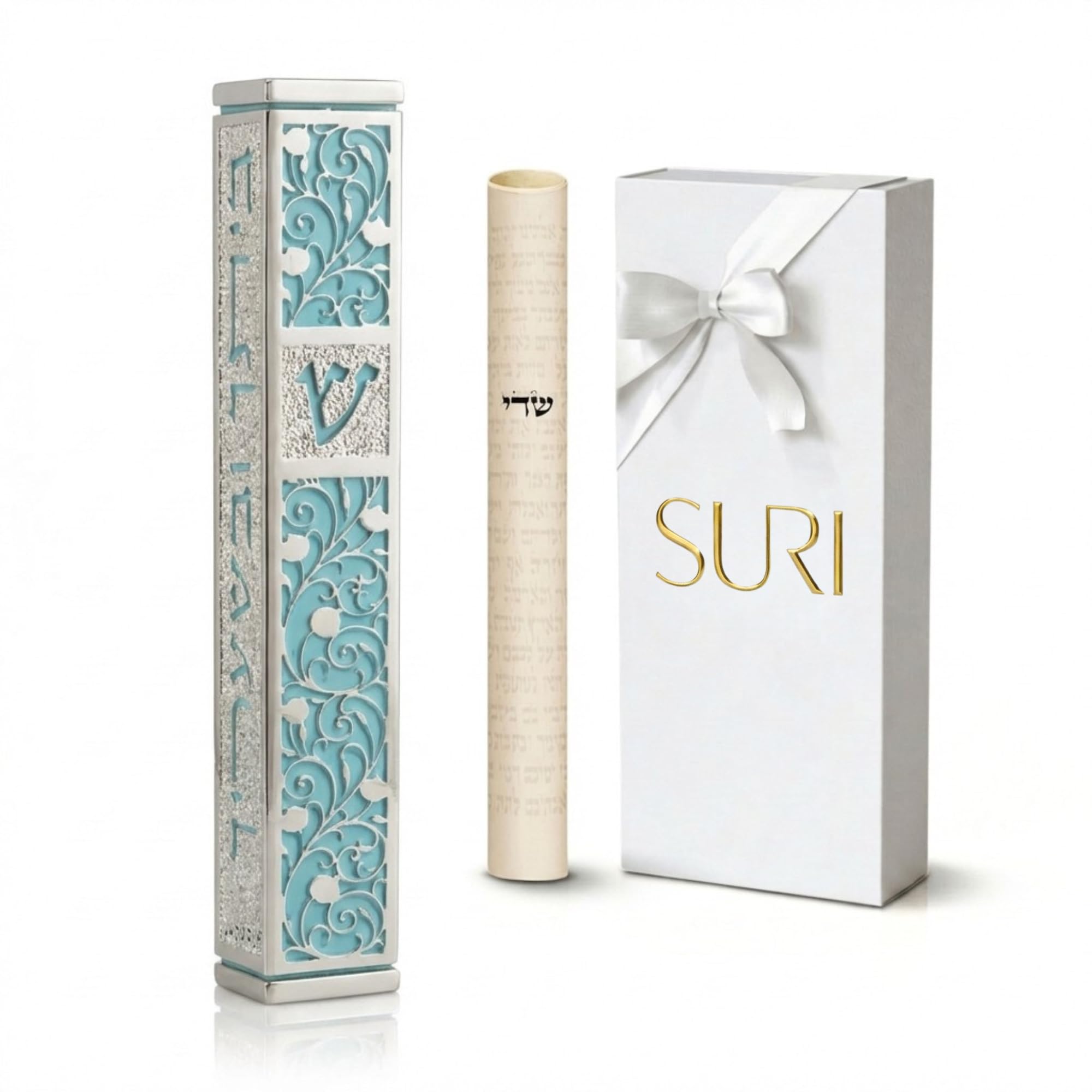SURI Mezuzah for Door with Scroll, 6 Inch Silver and Blue Mezuzah Case with Non Kosher Scroll Inside, Fits a 5 Inch Scroll, Includes Adhesive and Gift Box
