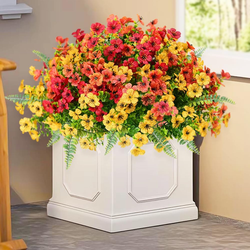 Artificial Faux Plants Flowers Outdoor Decoration,18 Bundles Fake Silk Colorful Daisy Eucalyptus Realistic UV Resistant for Outside Home Planter Porch Patio Yard Decor (Yellow Red) - Image 2