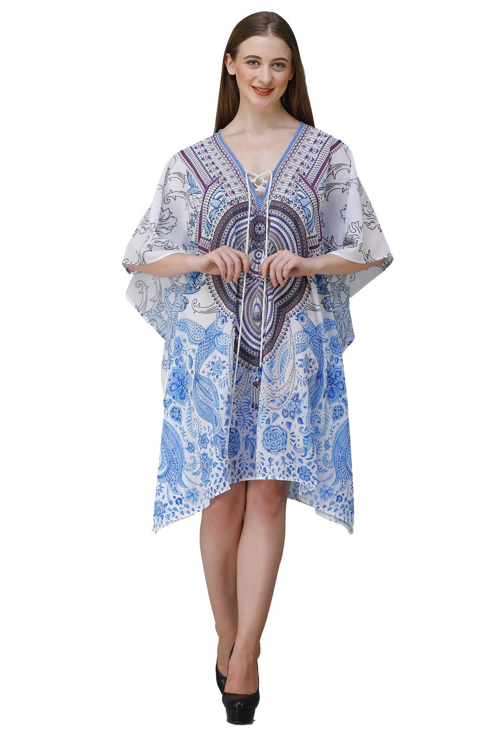 dressprinted White Parrot V Neck Digital Printed | Georgette Kaftan | Vacation Wear | Beach Wear | Coverups | Kaftan Dress | For Women | Free Size [M-3XL]-picture-33