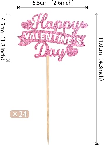 Miniatura 2 de Rsstarxi Paquete de 24 adornos rosados para cupcakes con purpurina para el día de San Valentín, decoración de pasteles para el día de San Valentín,