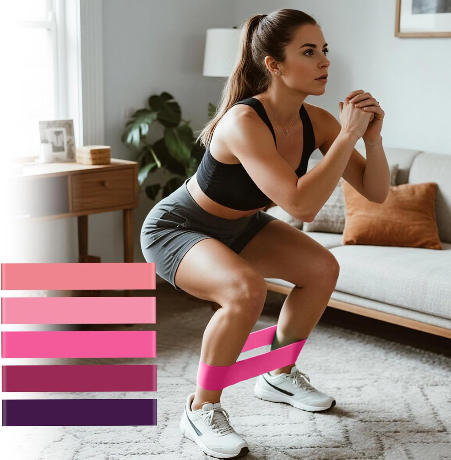Juego de 5 bandas de resistencia para mujeres y hombres, bandas de entrenamiento para el hogar, gimnasio, yoga, pilates, entrenamiento, juego de ejercicio portátil (rosa)
