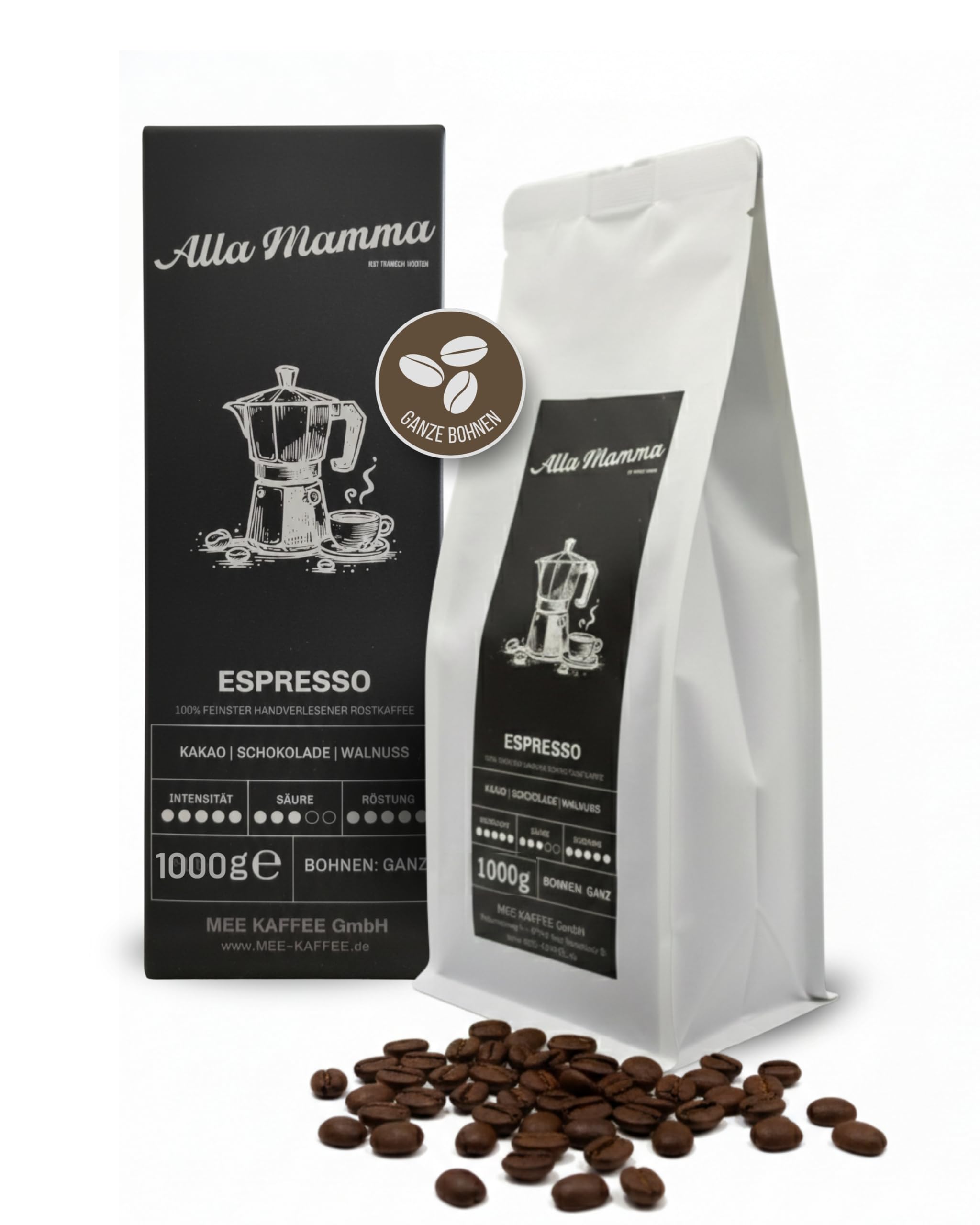 Alla Mamma Black Beauty Espresso I 1000g Ganze Kaffeebohnen I Italienischer Kaffee I 100% natürliche & authentische Espressobohnen I Arabica & Edelrobusto I Ideal für Siebträger, Vollautomat & Mokka