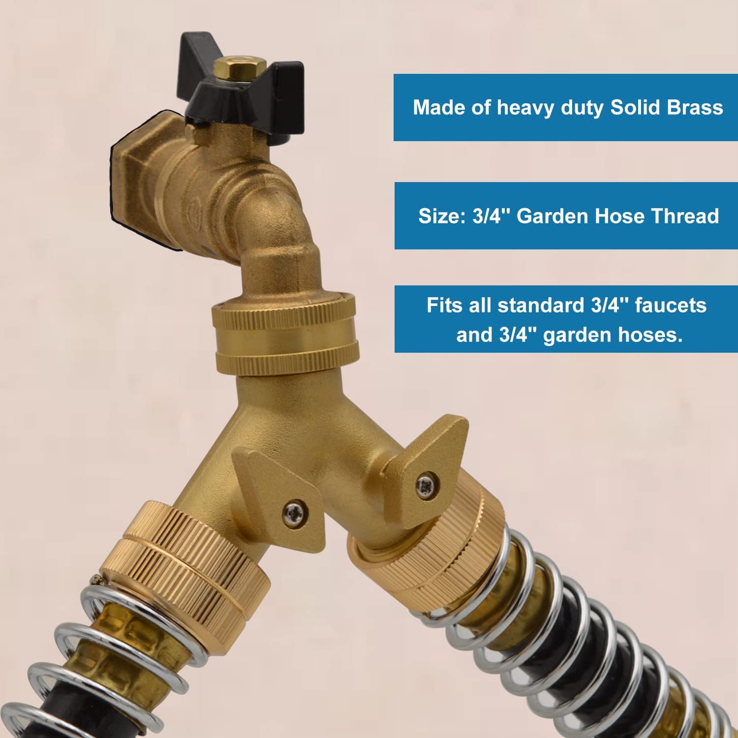 HYDRO MASTER Two Way Garden Hose Splitter, Brass Garden Hose Connector with 2 Valve, 3/4" Garden Hose Thread (GHT)