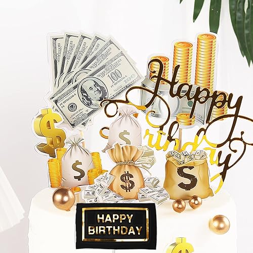 Juego de 10 decoraciones para tartas de feliz cumpleaños, letrero de billete de dólar, decoración temática de dinero para fiesta de cumpleaños,