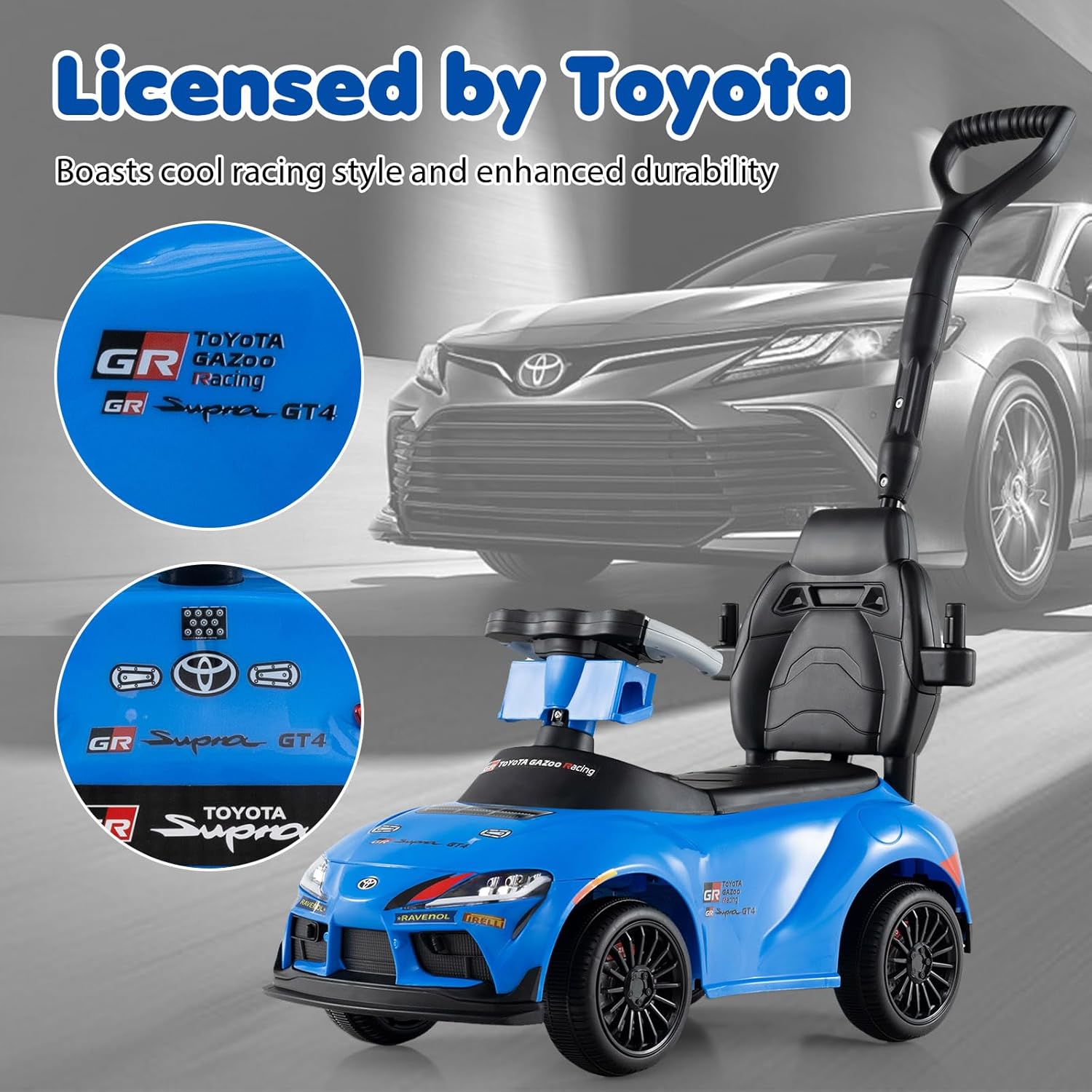 Costzon Push Car for Toddlers, 3 in 1 Toyota Licensed Stroller Sliding Walking Car w/Handle, Music, Safety Guardrail, Under-Seat Storage, Foot-to-Floor Kids Ride On Toys for Boys Girls (Blue)