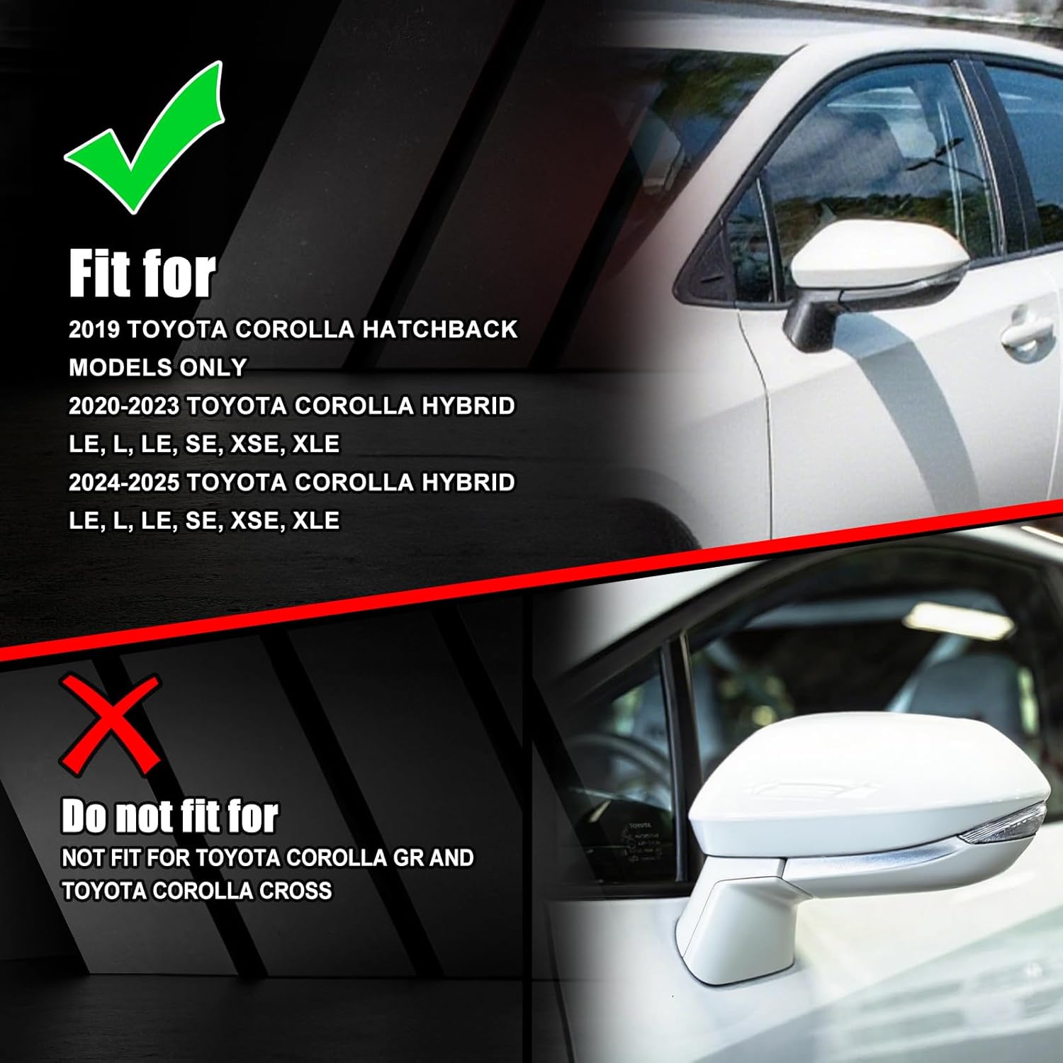 White Left Driver Side Replacement Mirror Cover Caps for 2020 2021 2022 2023 2024 2025 Toyota Corolla, Directly Replace Style, Not Sticker Style