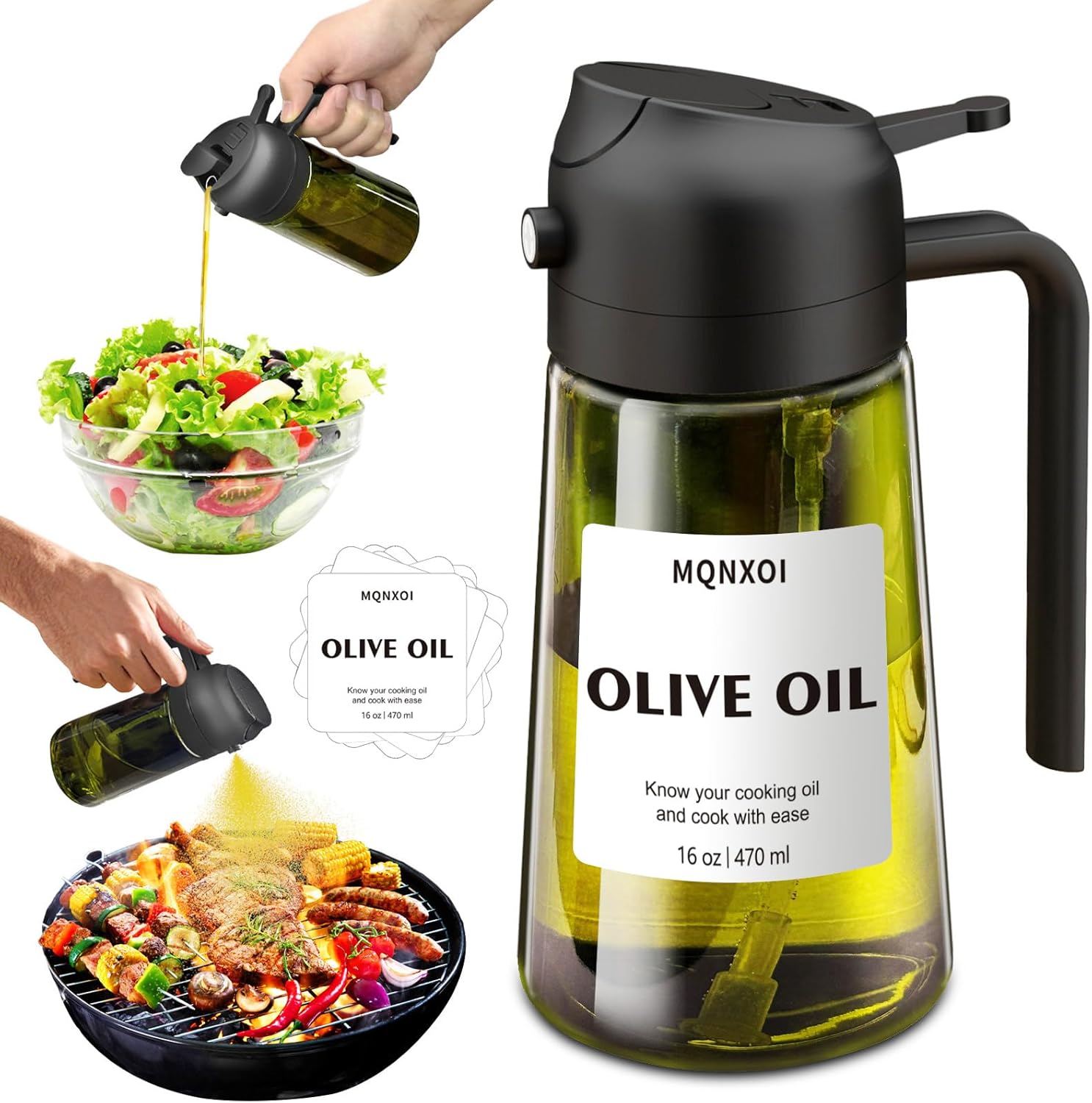 Oil Sprayer for Cooking, 2 in 1 Olive Oil Dispenser Bottle for Kitchen, 16oz/470ml Premium Glass, Food-grade Oil Mister for Air Fryer, Salad, Frying, BBQ (Black   Dark Green Bottle)