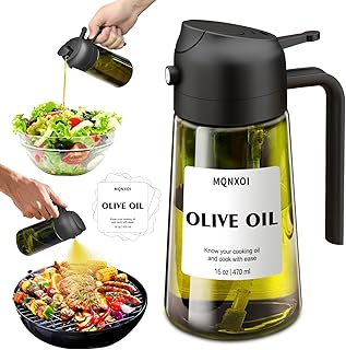 Oil Sprayer for Cooking, 2 in 1 Olive Oil Dispenser Bottle for Kitchen, 16oz/470ml Premium Glass, Food-grade Oil Mister for Air Fryer, Salad, Frying, BBQ (Black + Dark Green Bottle)