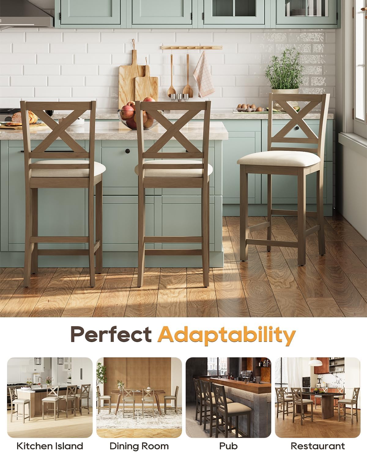 Bar Stools Set of 2, Mid Century Modern Counter stools with Upholstered Fabric, 26'' H Wooden bar stools for Counter Height, Kitchen Island, Dining Room and Bistro, Light Brown