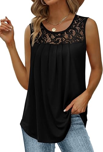 Saloogoe - Camisetas sin mangas de verano para mujer, blusas de ajuste holgado y fluido, plisadas con cuello redondo, encaje y dobladillo curvado