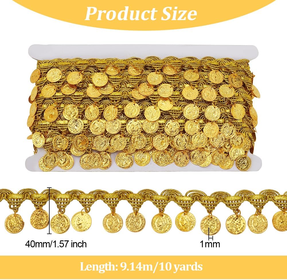 OLYCRAFT 10 Yards Yellow Coin Shape Sequin Tassel Trim Sequin Lace Tassel Fringe Trim 1.6 Inch Width Sequins Tassels Lace Ribbon Fringe Dance Dress Belt Chain for Clothes Decoration Party Accessories