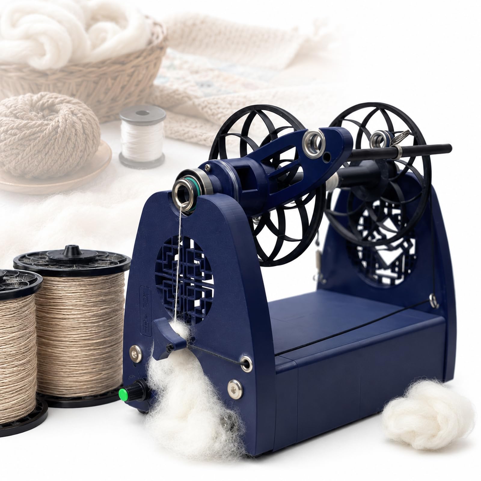 Przędza Spinner Winder Koło spinningowe do wełny, elektryczna maszyna do nawijania wełny, sterowanie pedałem nożnym, regulowana prędkość, reduktor 6 mm i 3 szpule do tkania wełny, mieszania i