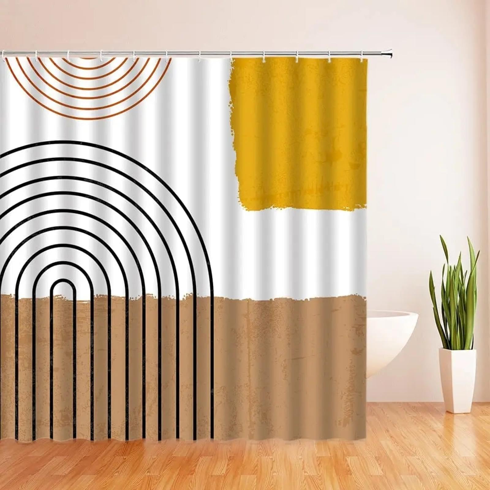 Abstrakter Mid-Century-Duschvorhang, Bogen, minimalistisch, geometrisch, geschwungen, Streifen, Halbkreis, moderner Stoff-Badevorhang mit Haken, 200 x 180 cm