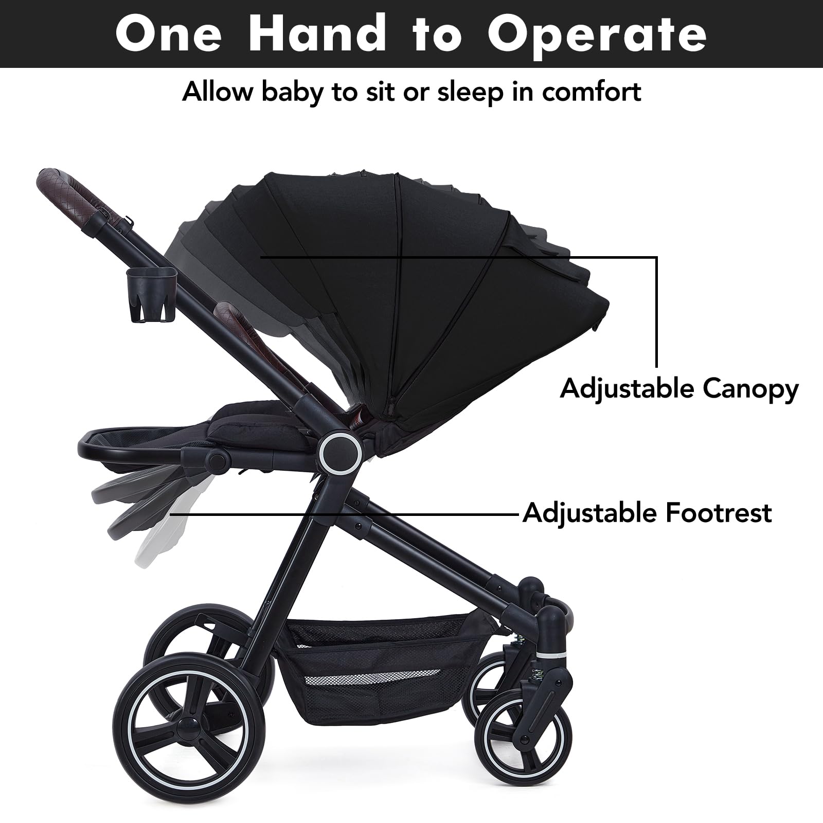 Garvee Poussette 2 en 1 Réversible pour Nouveau-Né à 36 Mois (22Kg) - Pliable Compacte, Siège Sécurité 5 Points, Grande Capote Anti-UV, Noir