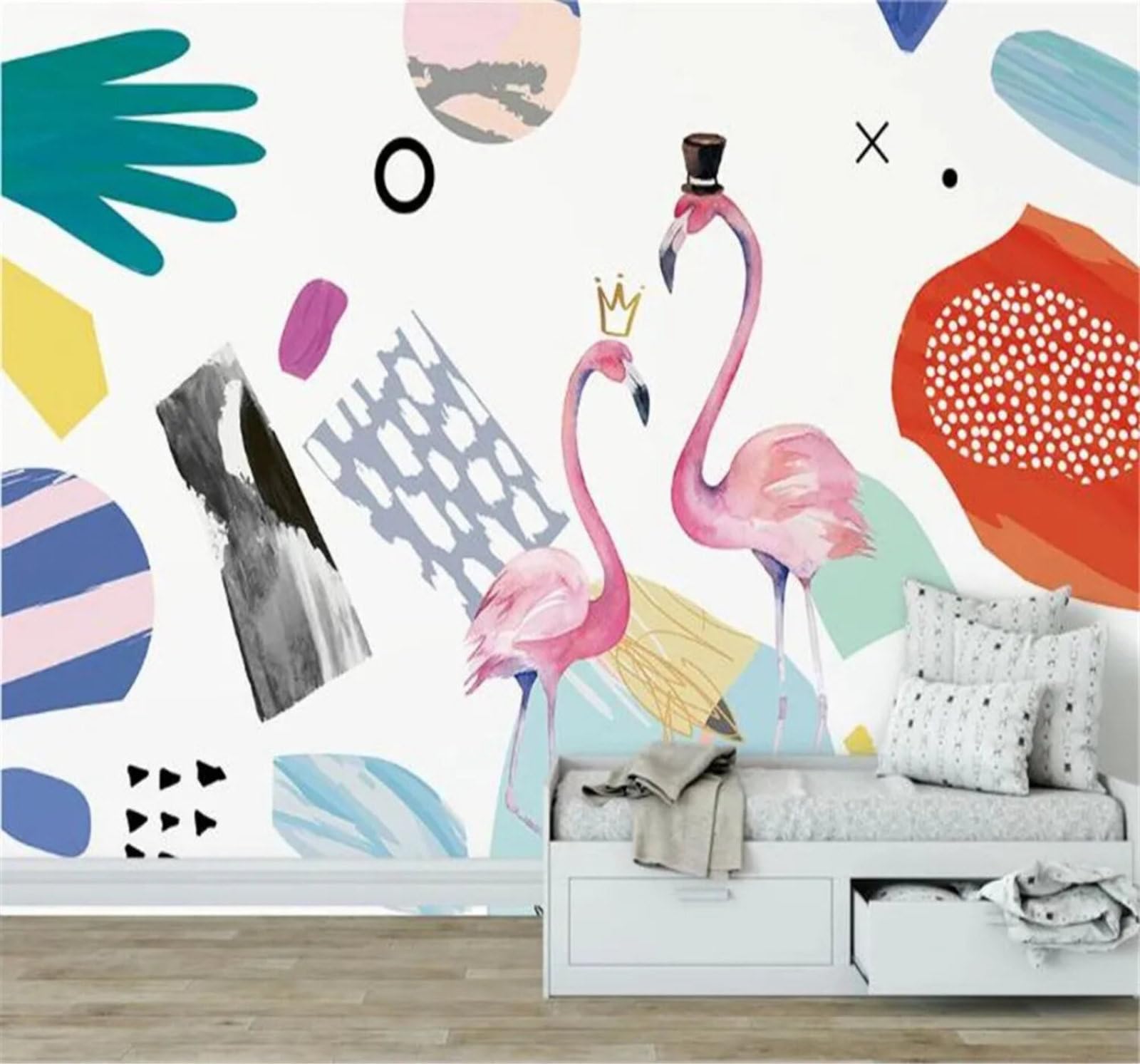 Tzxztt Creative Watercolour Geometric Couples Flamingos Modern 3D Wallpaper Premium Textured Silk Neutral Tones Material Ideal for Living Room Bedroom-150cm×105cm
