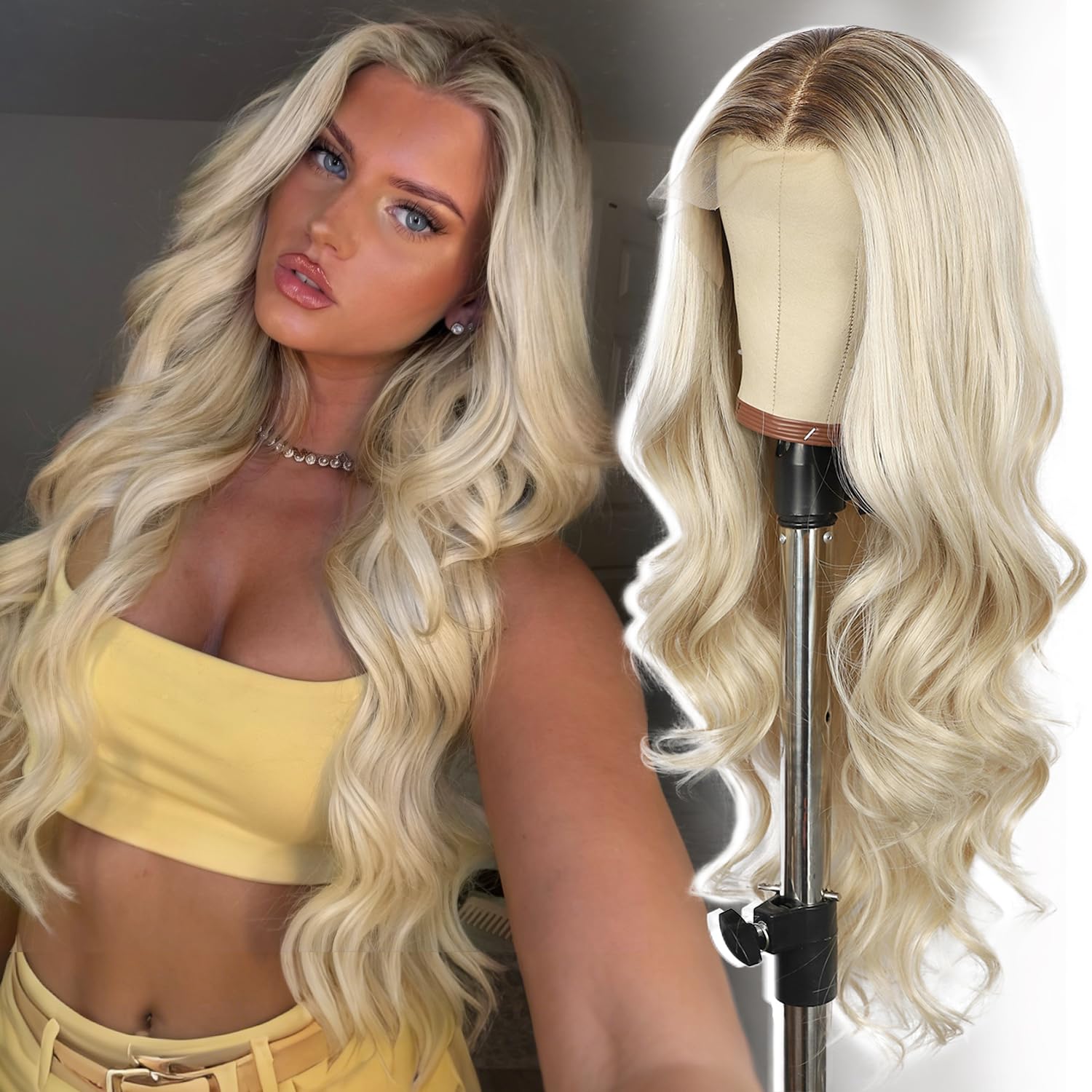 Ombré-Perücke, blond, 33 x 10 cm, synthetische gewellte Lace-Front-Perücke, vorgezupft mit Babyhaar, 150% Dichte, Party, Date, Alltag, natürlich aussehend, 66 cm