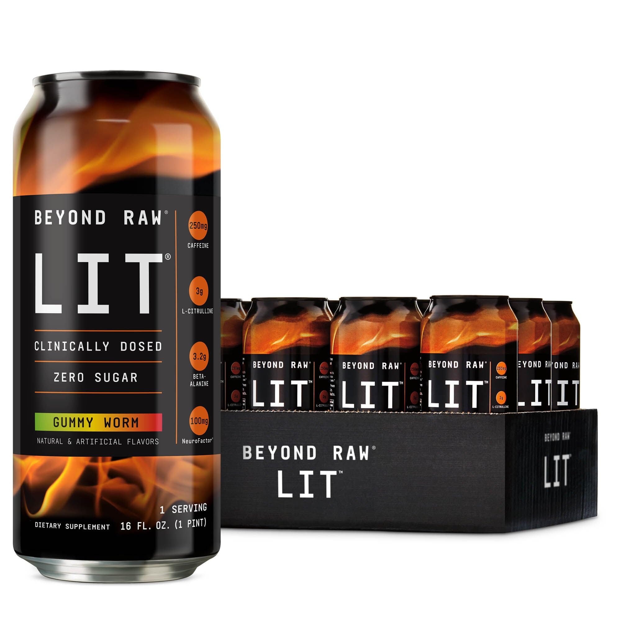 BEYOND RAW LIT On The Go | Ready to Drink Cans | Contains Caffeine, L-Citrulline, Beta-Alanine, and Nitric Oxide | Gummy Worm | 12 Count