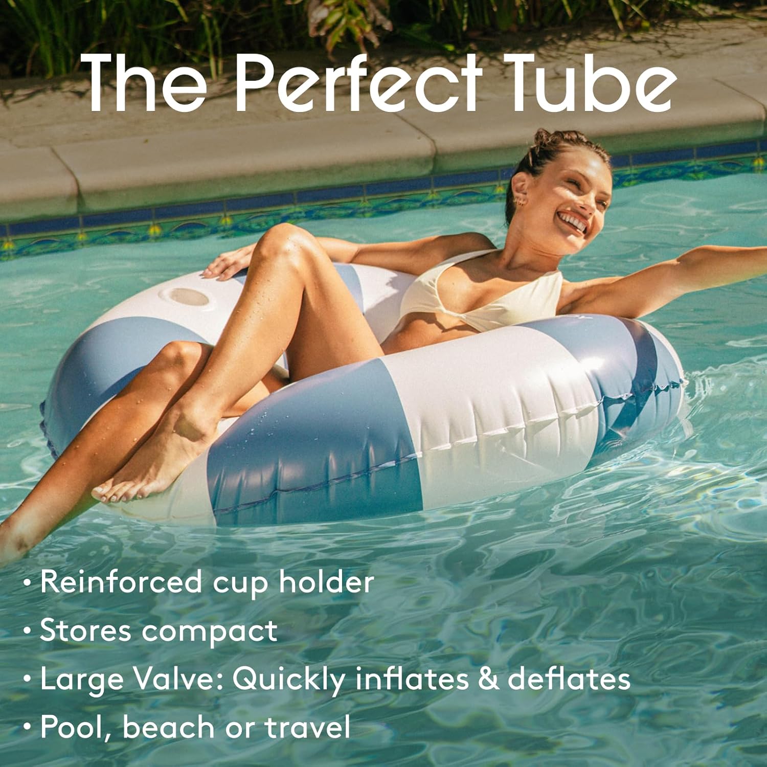 FUNBOY Giant Blue Stripe Inflatable Pool Float with Cup Holder, 48" Adult Inner Tube Swim Ring Pool Lounger