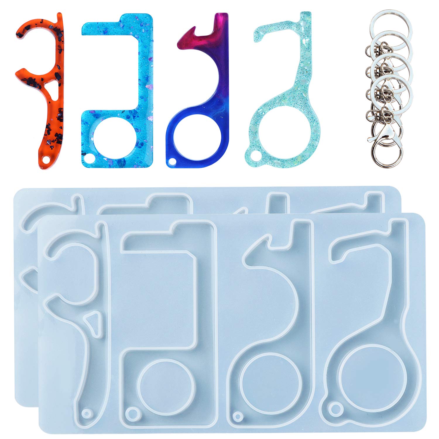 WayJaneDTP 2Pcs Resin No Touch Door Opener Mold with 4Pcs Keychain, Epoxy Resin Mold for DIY Touchless Keychain Jewelry Craft Making Casting Molds