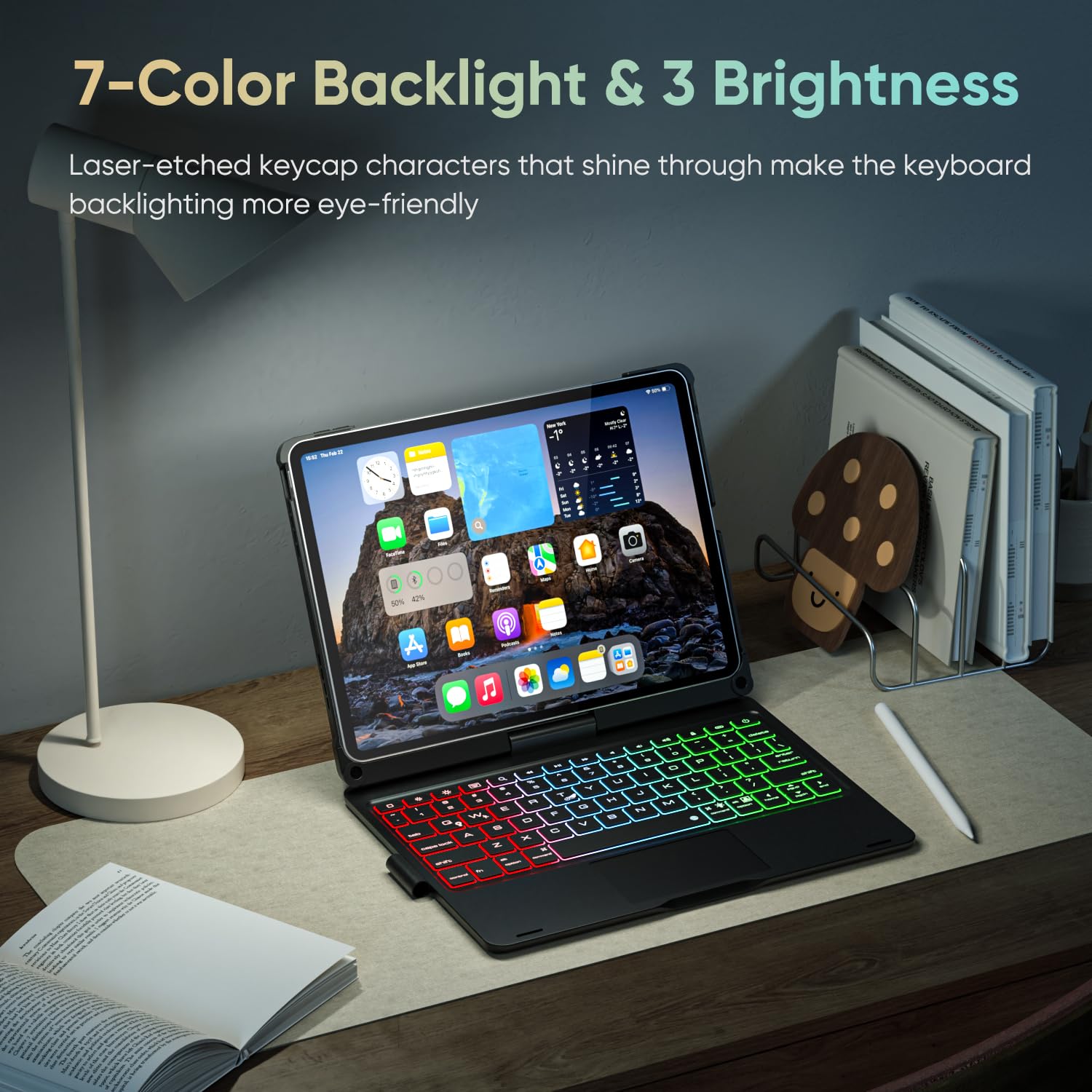 Étui Clavier Doqo Avec Trackpad Pour IPad Air/Pro 13" Et 12,9" - Rétroéclairage 7 Couleurs, Rotation 360°