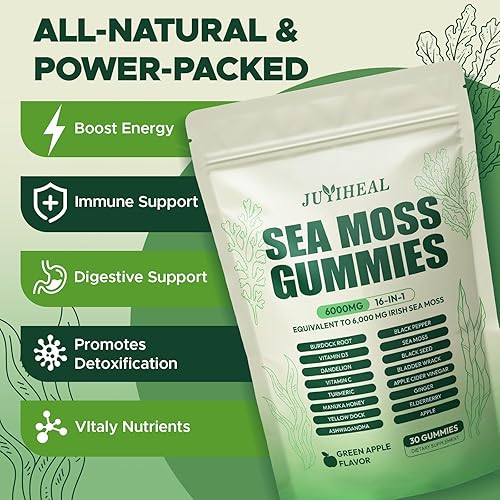 Miniatura 3 de Gomitas de musgo marino 16 en 1 con aceite de semilla negra de Ashwagandha, cúrcuma, vitamina C y D3 con raíz de bardana de manuka, gomitas de musgo
