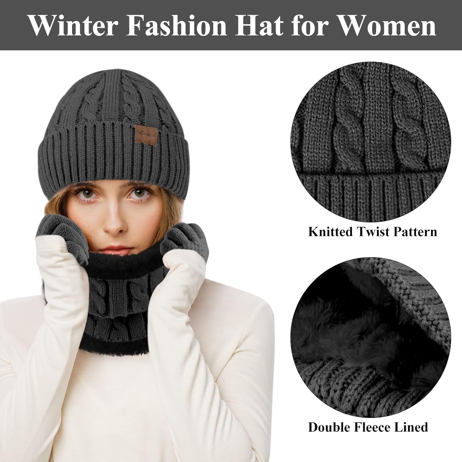 Womens Beanie Hat Scarf Touch Screen Gloves Set for Women Warm Knit Fleece Lined Skull Caps Neck Warmer Gifts - Image 2