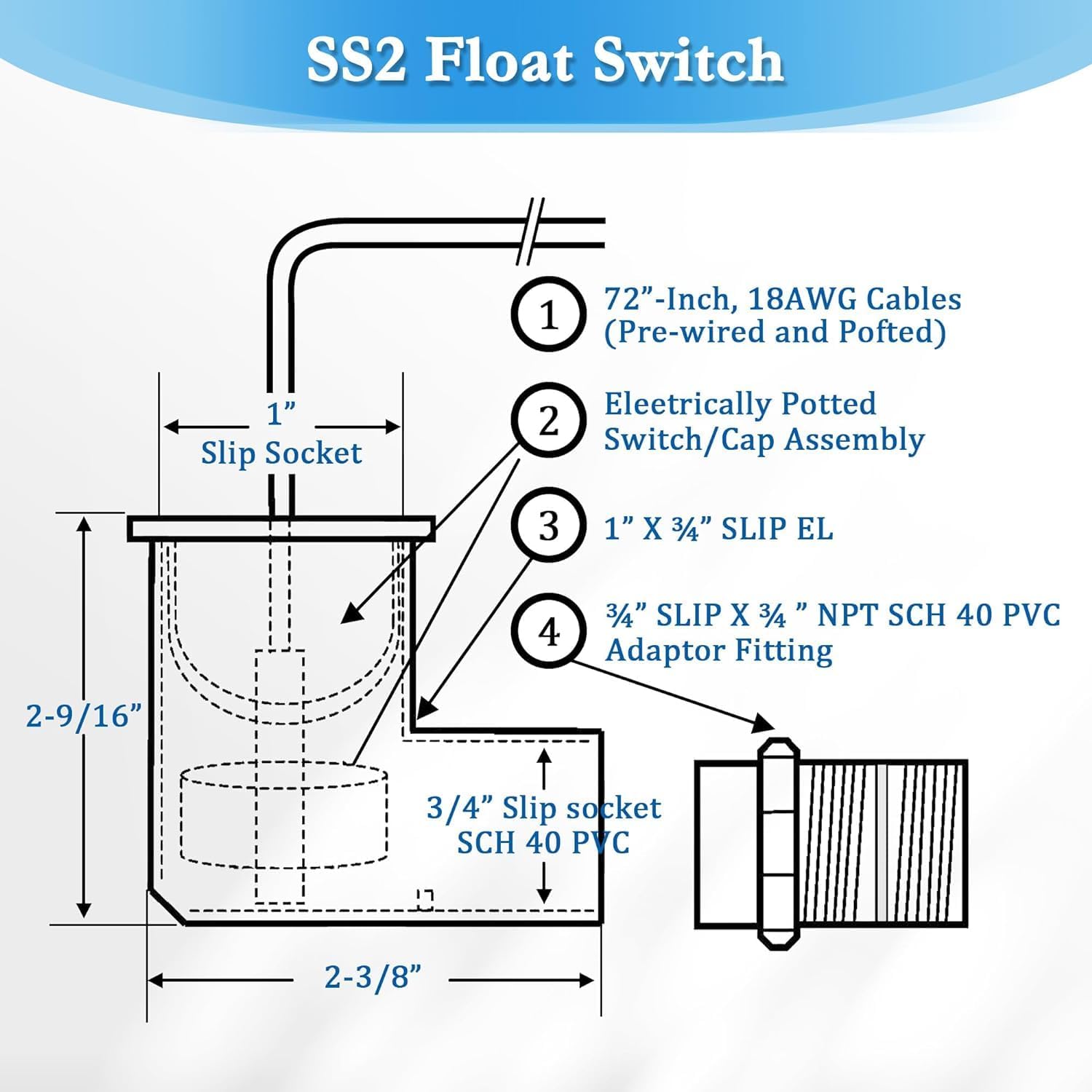 Feekoon 2 Pack SS2 Float Switch L Shape for Easy Installation, AC Float Switch with 3/4 Inch Adaptor and 6ft wire, Water Level Accessory for Air Conditioner with Condensate Overflow Detection