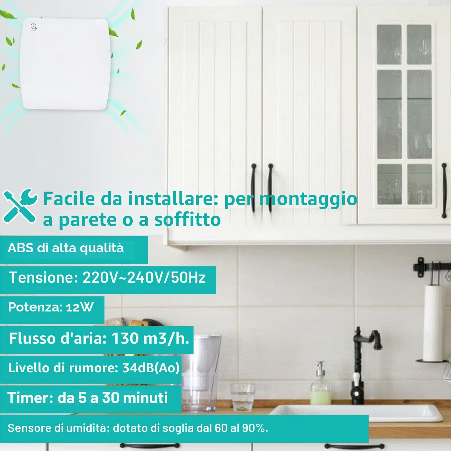 Ventilatore da Bagno 100 mm con Sensore di Umidità e Temporizzatore Antiriflusso, Aspiratore da Bagno, Funzionamento Silenzioso, Ventilatore da Soggiorno per Bagno e Cucina, Bianco