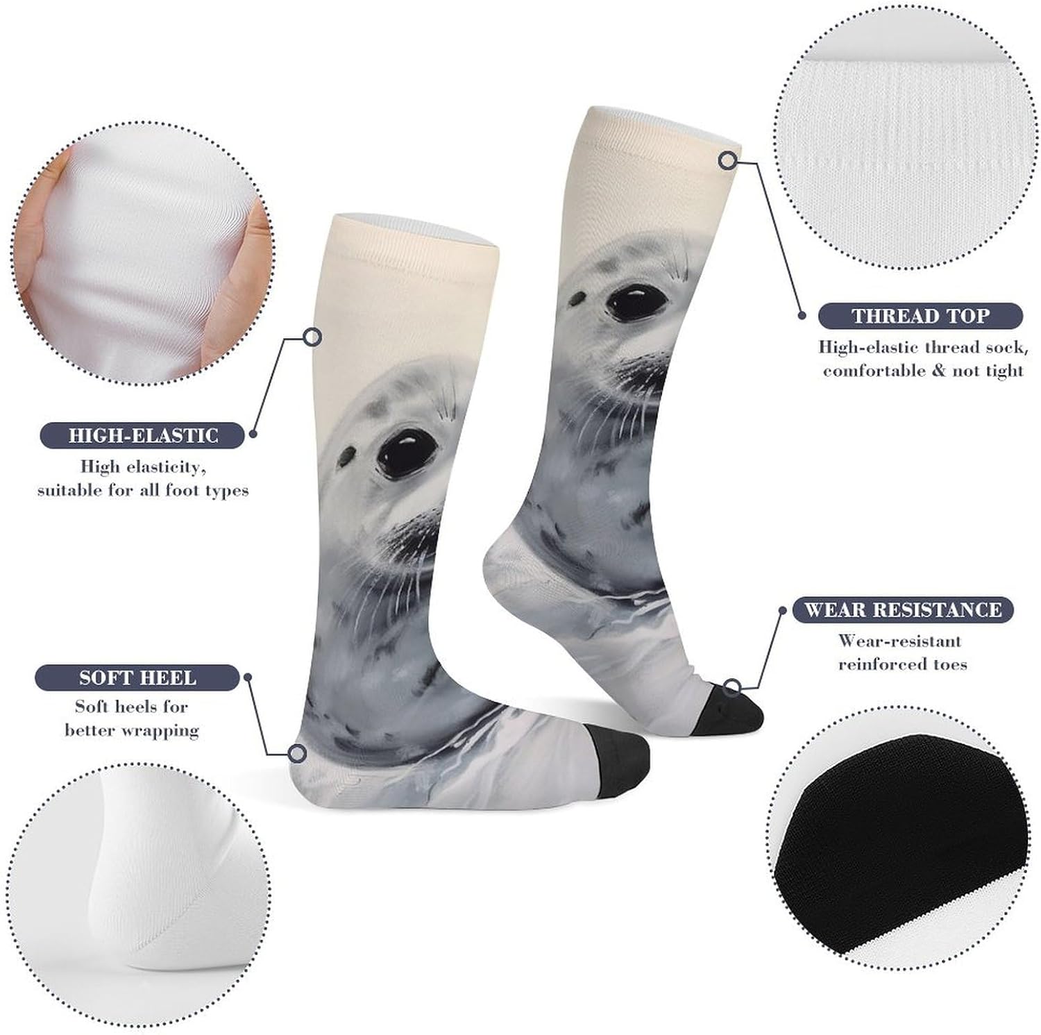 Knee High Socks Harp Seal Painting Long Tube Boot Seamless Toe